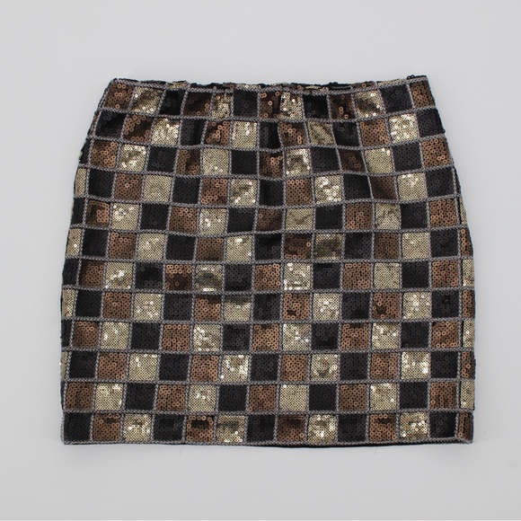 ROMEO & JULIETTE Sequin Mini Skirt Gold Black Brown Check Elastic Waist M - Picture 7 of 9